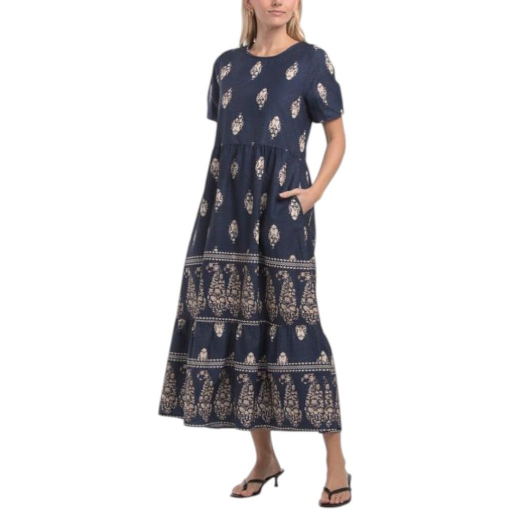SPIGHE DI LINO Made In Italy Short Sleeve Stamp Print Maxi Dress